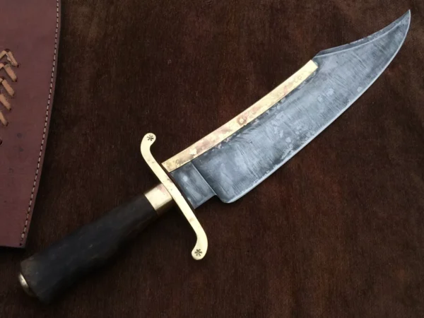 Alamo Musso Bowie knife , Custom handmade forged 5160 spring steel historical bowie knife, Museum Replica , 8mm thick, Brass spine guard , brass bolster and butt cap , oak wood handle and razor Sharp, custom knife, Come with cowhide leather sheath antiqued bowie knife